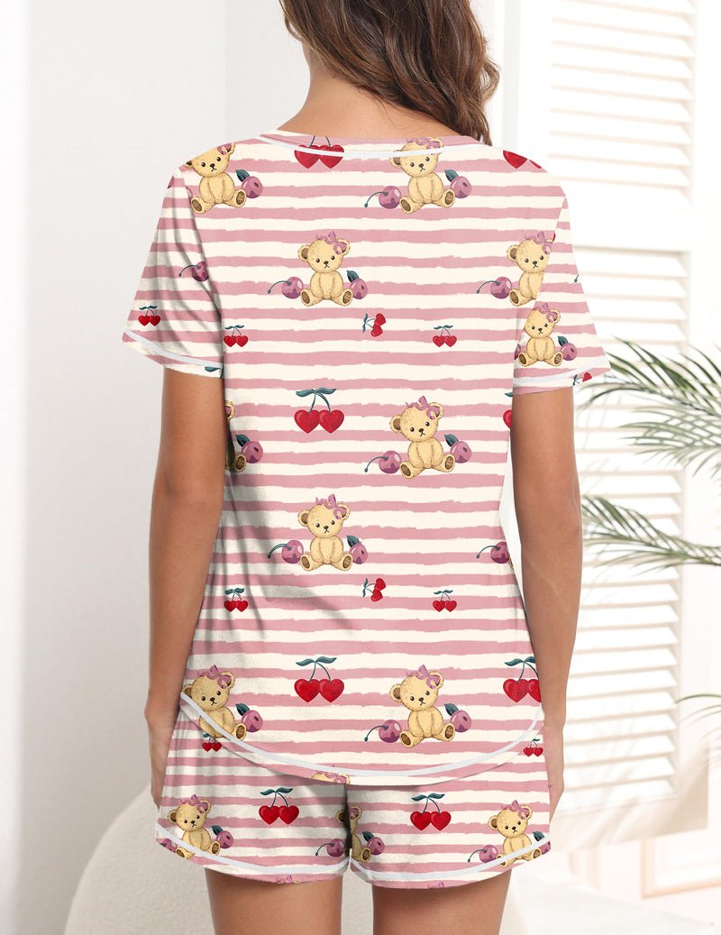 Rückansicht: rosa-weiß gestreiftes Teddy-Pyjama-Set mit Teddybären und Herzen