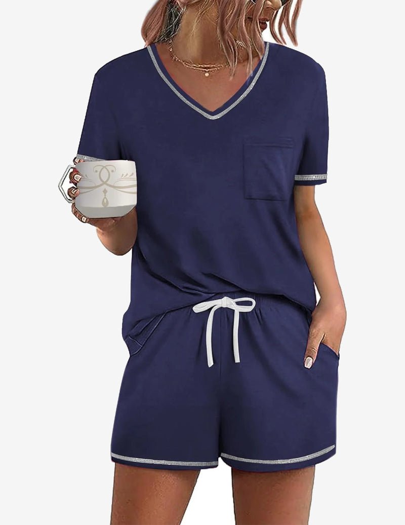 Navyblaues Teddy-Pyjama-Set mit kurzem Ärmel, V-Ausschnitt und Kordel-Shorts