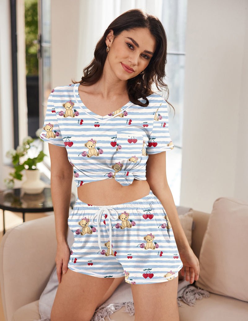 Teddy Blue Striped Schlafanzug-Set mit V-Ausschnitt T-Shirt und Shorts mit Bären-Print
