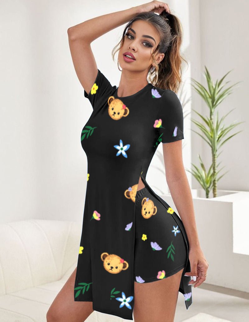 Teddy print tunic top and shorts set, dark black with colorful animal and floral pattern
