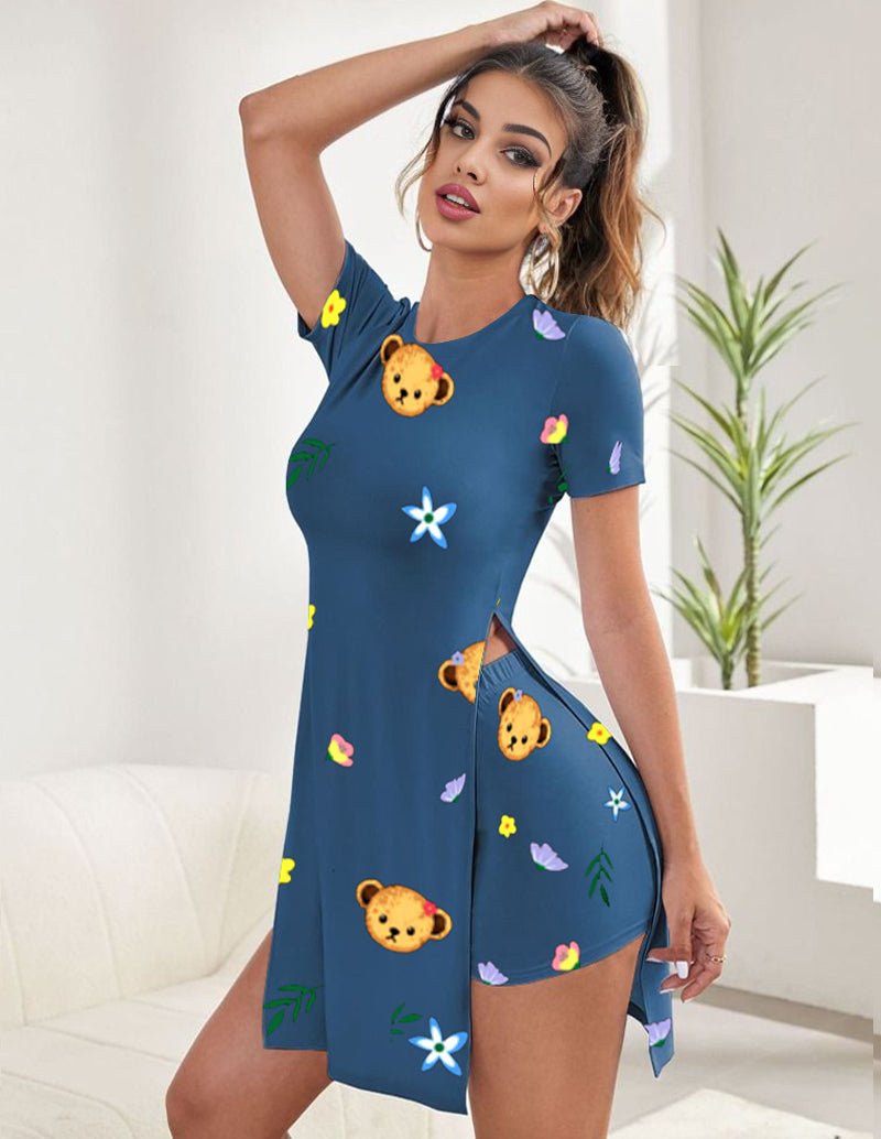 Teddy print tunic top and shorts set, blue with colorful bear and flower pattern