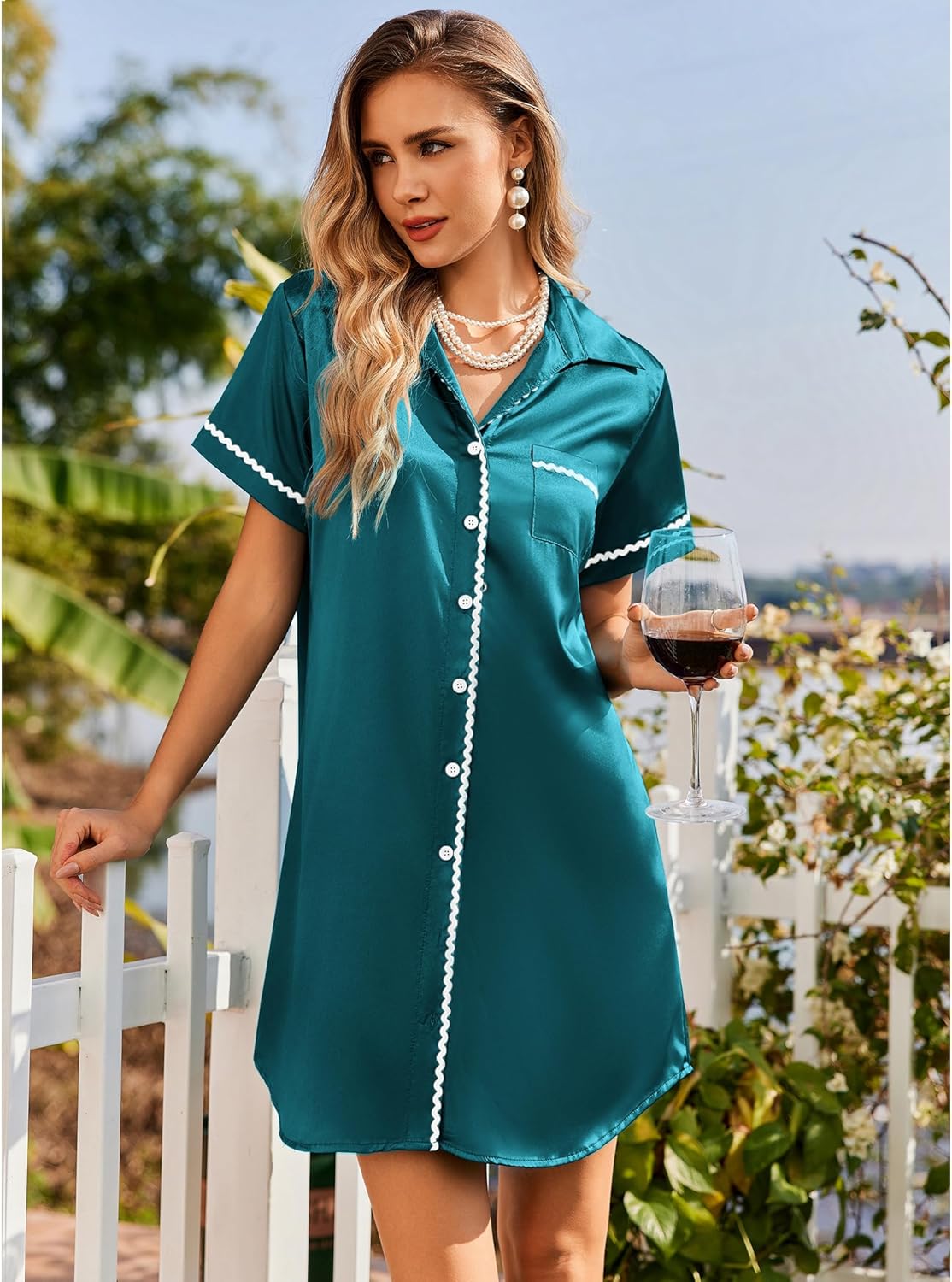 Blue-green satin button-down nightshirt with white trim and short sleeves