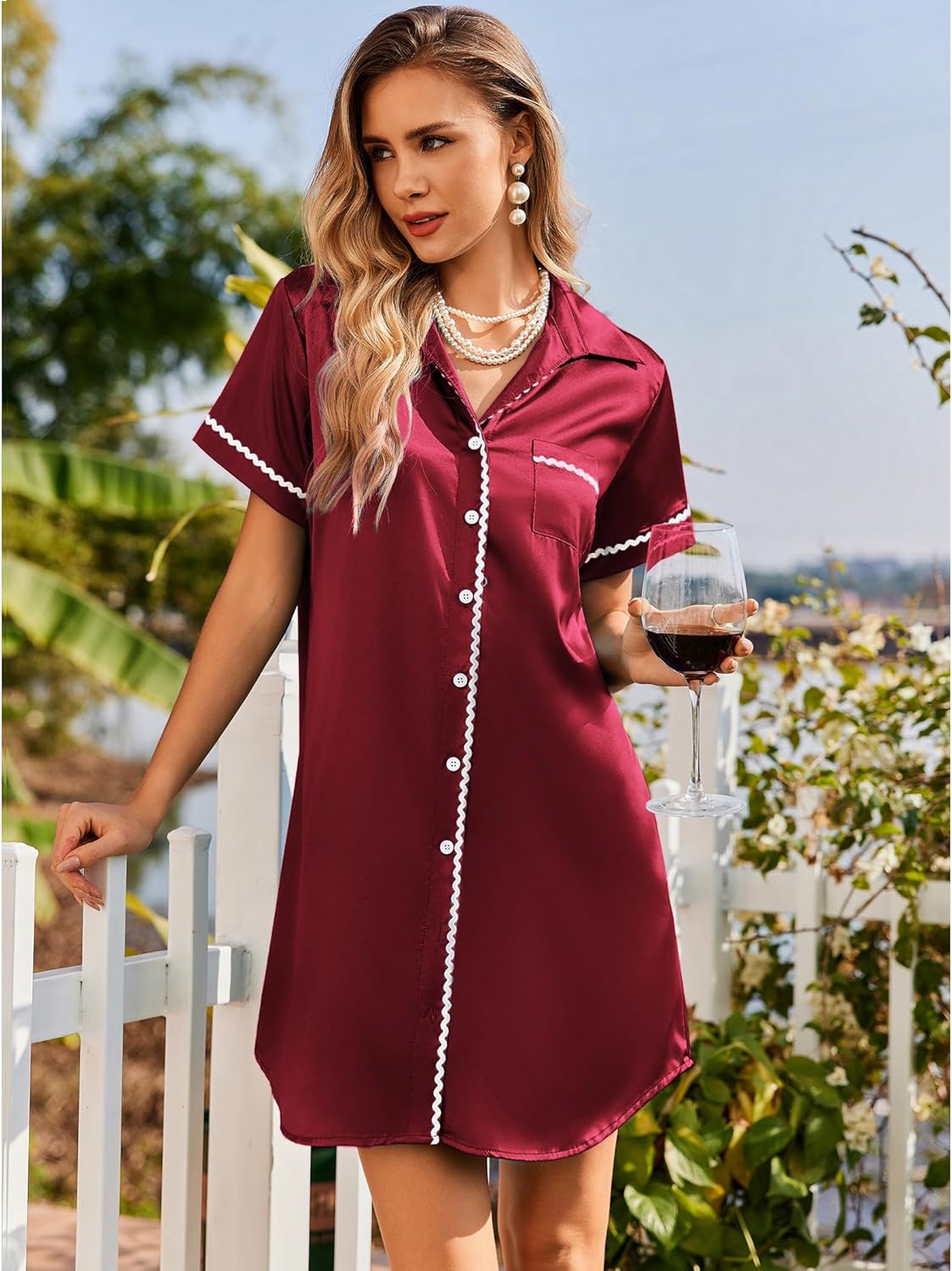 Wine red satin button-down nightshirt with white scalloped trim and chest buttons