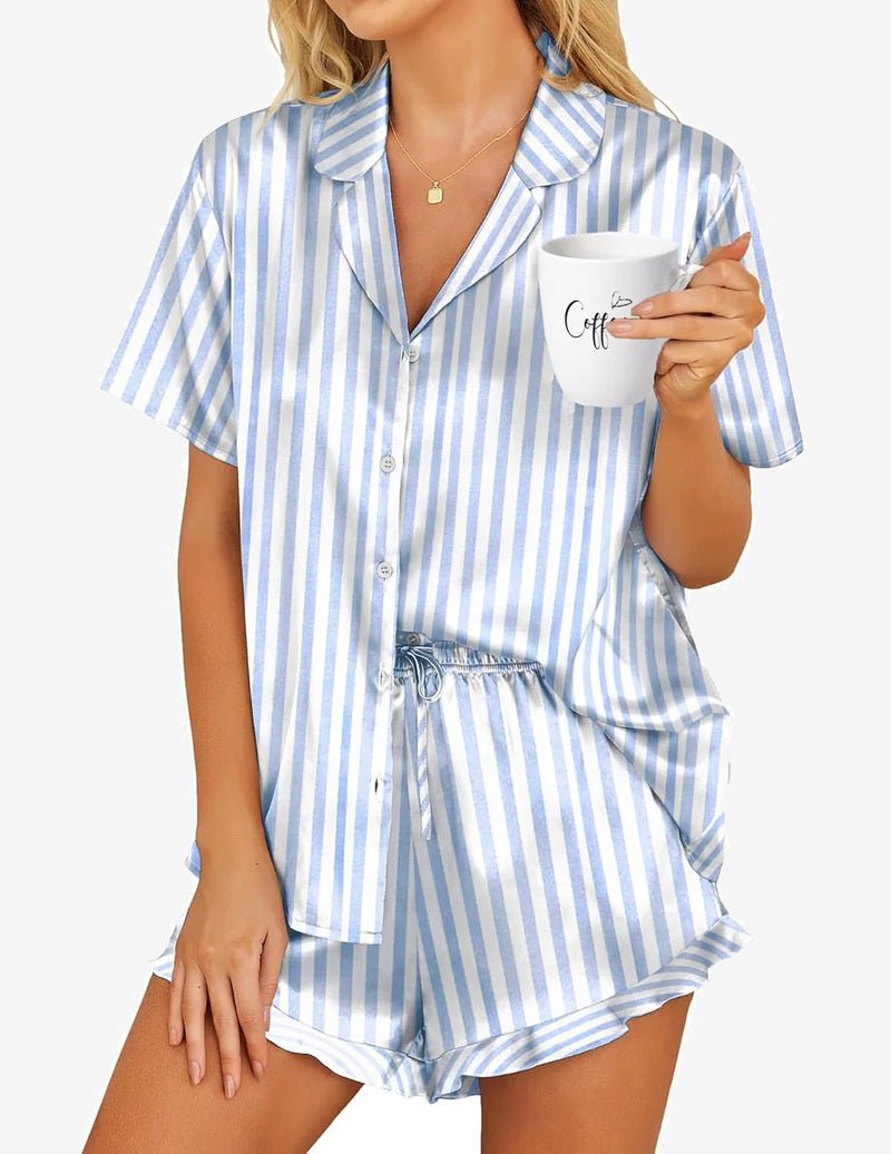 Blue-and-white striped satin pajama set with collared button shirt and drawstring shorts