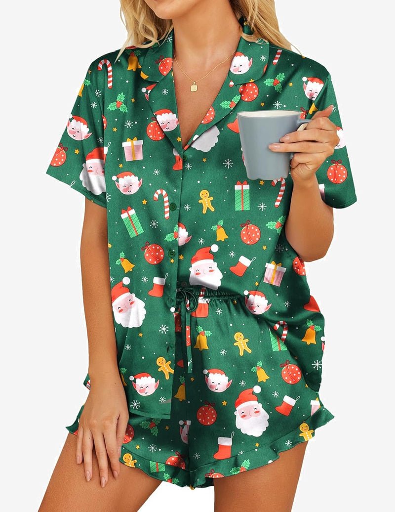 Green holiday satin pajama set with Santa and candy cane print, button shirt and shorts