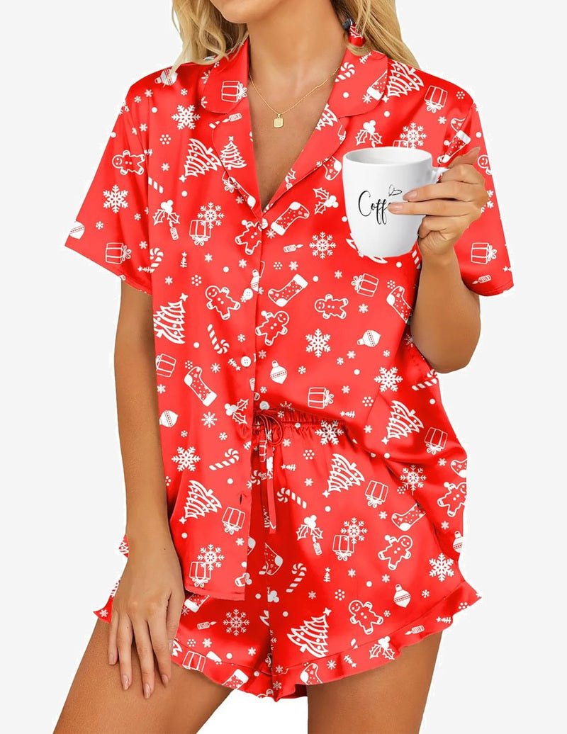 Satin pajama set in red holiday print, short-sleeve button-up and drawstring shorts