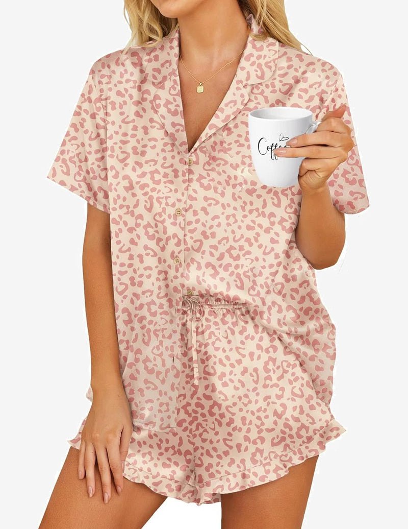 Satin pajama set in light apricot leopard print, collared button-up and drawstring shorts