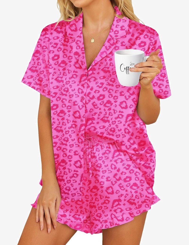 Satin pajama set in hot pink leopard print, collared button-up and drawstring shorts