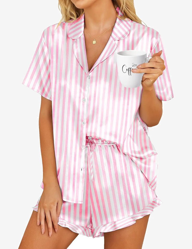 Satin pajama set in pink-and-white stripes, short-sleeve button-up and drawstring shorts