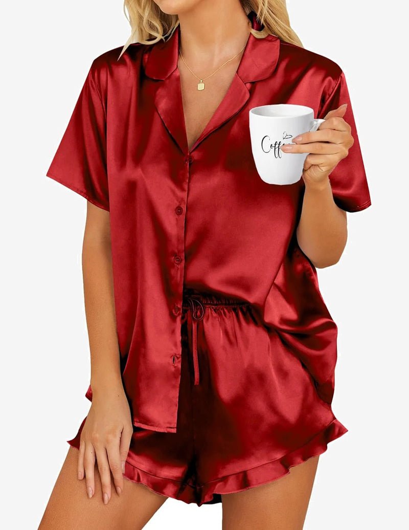 Satin pajama set in wine red, short-sleeve button-up and matching drawstring shorts