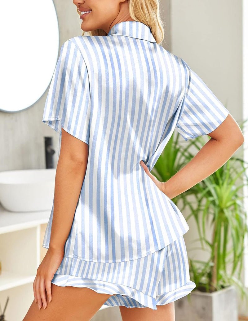 Light blue-and-white striped satin pajama set, back view of button shirt and shorts