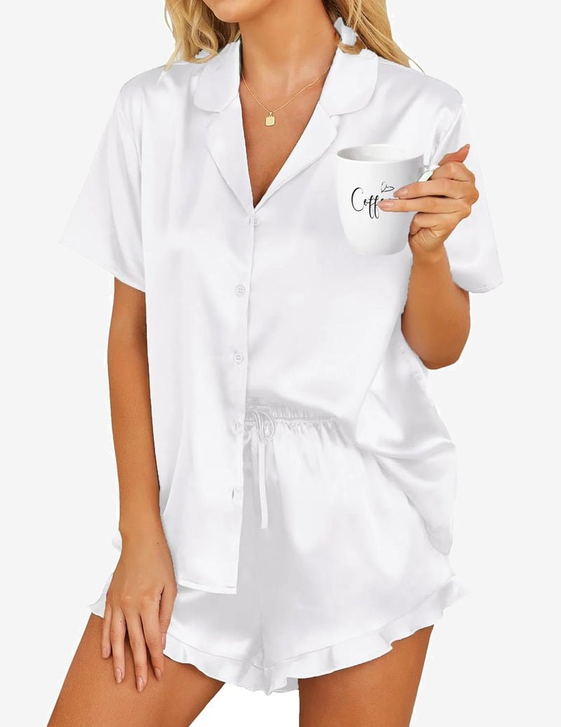 Teddy Satin Pajamas Set, weißes Kurzarmhemd und Shorts mit Kordelzug