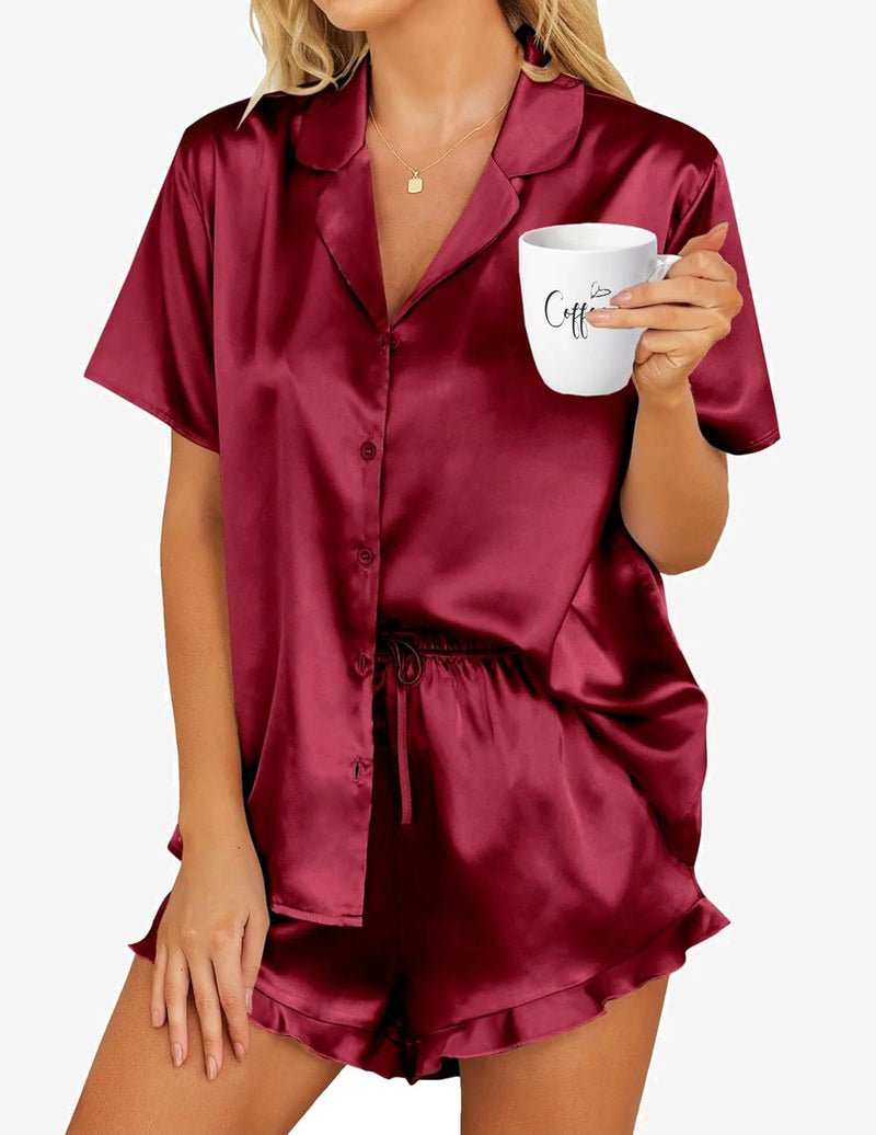 Teddy Satin Pyjama-Set, dunkelrote Kurzarmbluse und Shorts mit Kordelzug