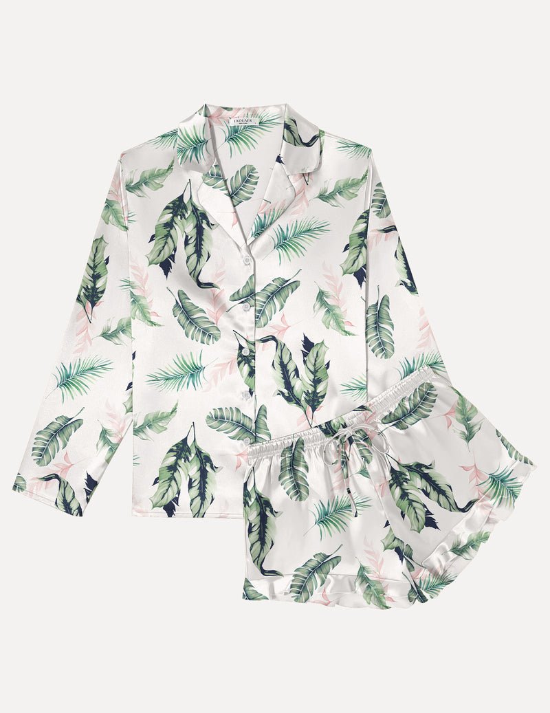 Feather print satin pajama set: long-sleeve button shirt and tie-waist ruffle shorts