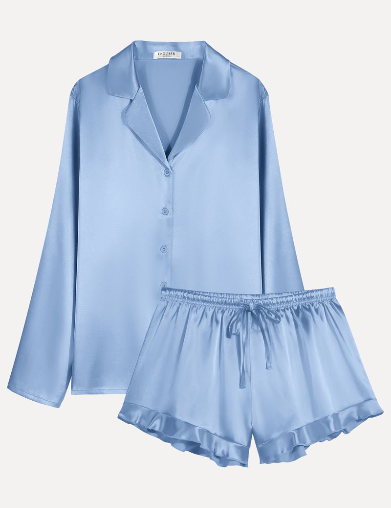 Light blue satin pajama set: long-sleeve button shirt and drawstring ruffle shorts
