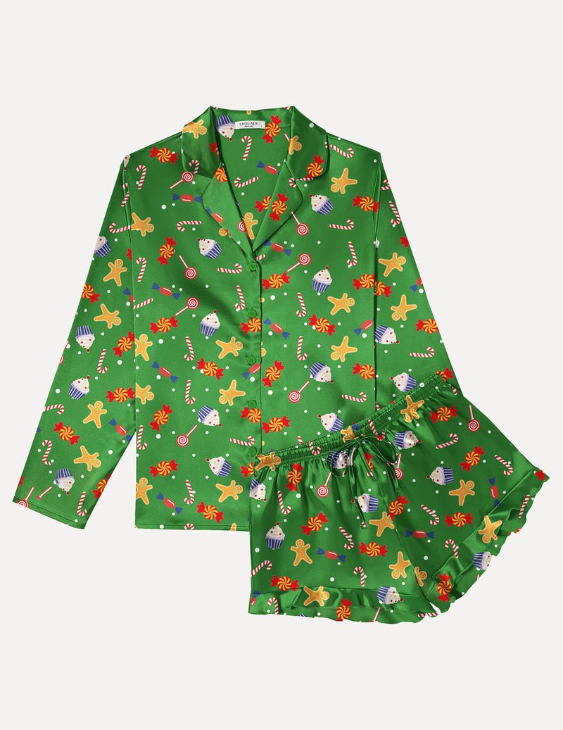 Green holiday-print satin pajama set with long sleeves and ruffle hem shorts