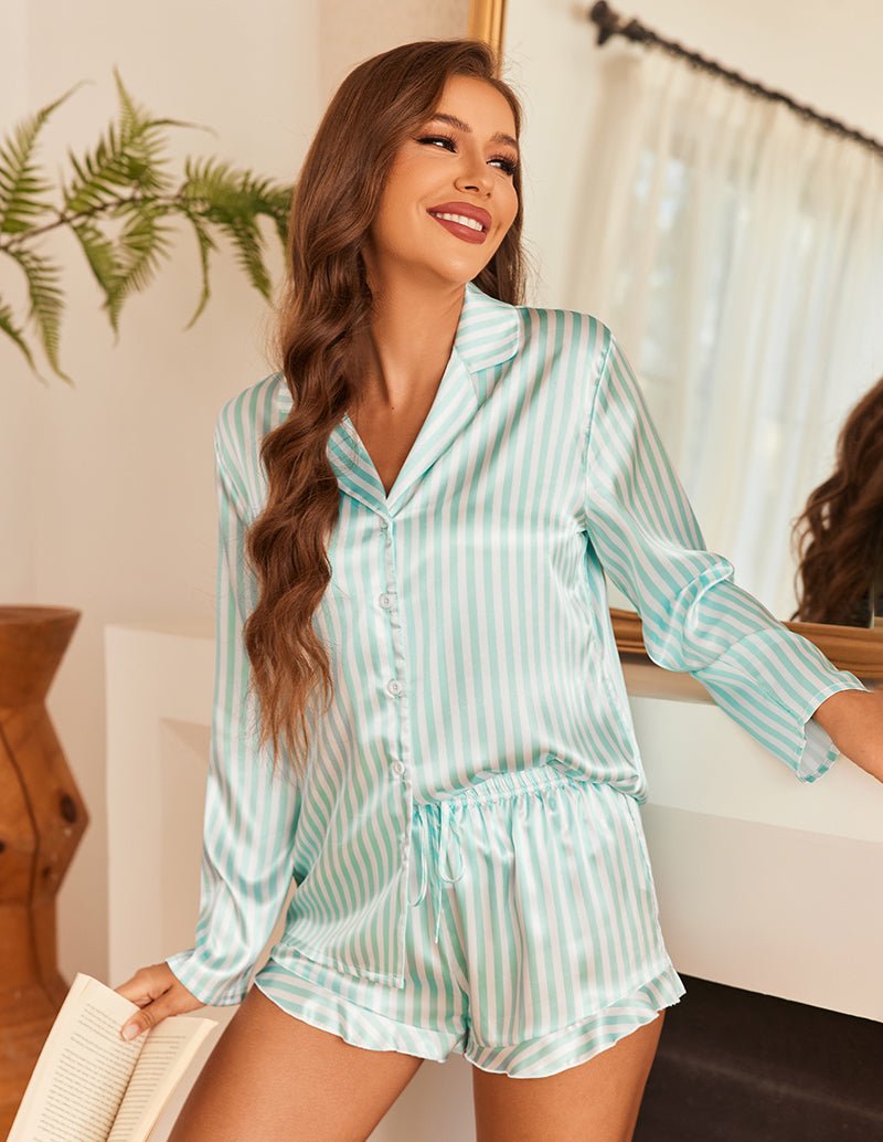Light blue striped satin pajama set: long-sleeve button shirt and ruffle hem shorts