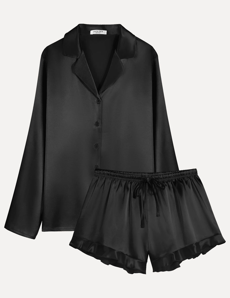 Black satin pajama set: long-sleeve button shirt and drawstring ruffle shorts