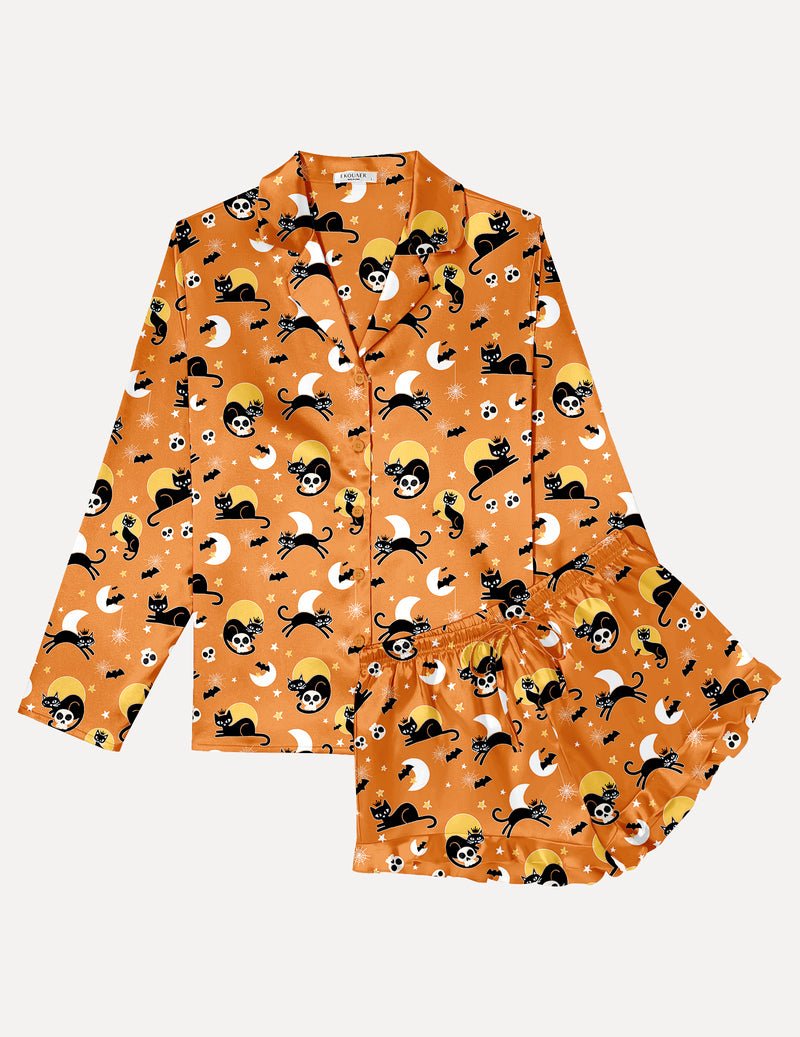 Satin pajama set with orange cartoon print, long sleeves, button top and shorts