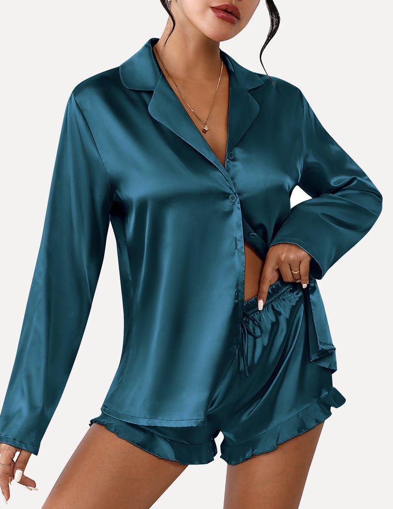 Teal satin pajama set: long-sleeve button shirt and drawstring ruffle shorts