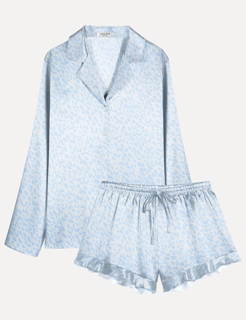 Light blue patterned satin long-sleeve pajama shirt with ruffled drawstring shorts