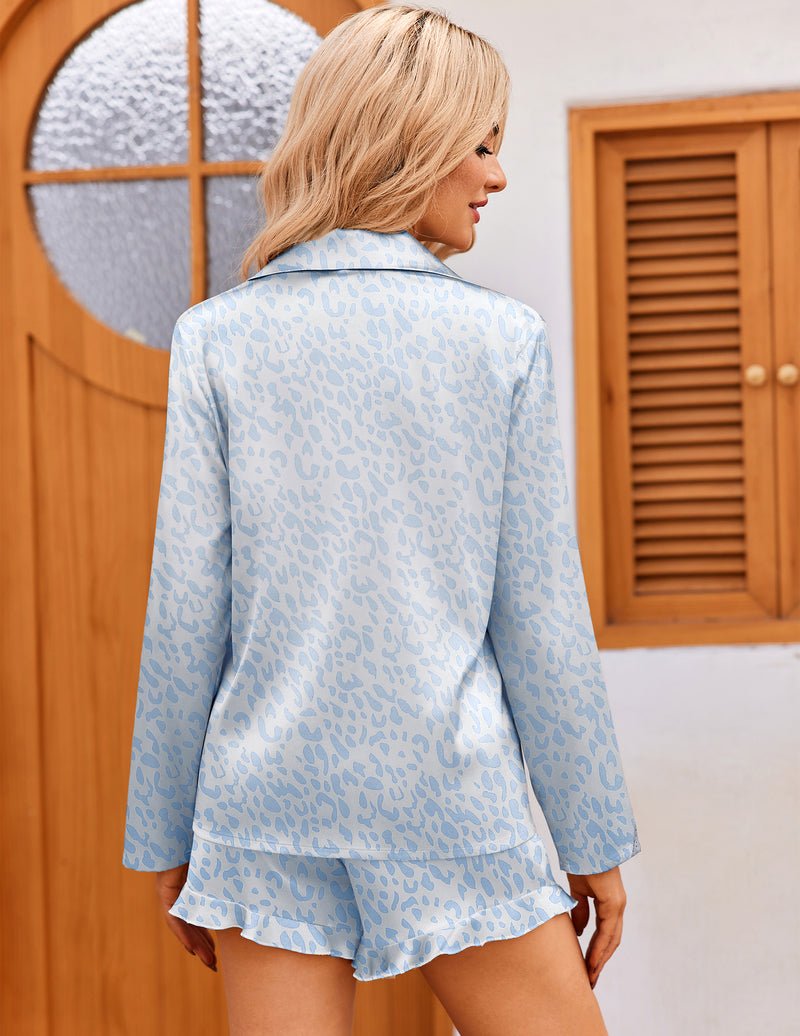 Back view: light blue patterned satin pajama set with button long sleeves and ruffled shorts