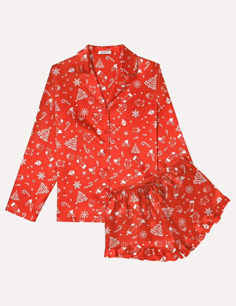 Red satin pajama set with long sleeves and ruffle hem shorts, holiday snow print
