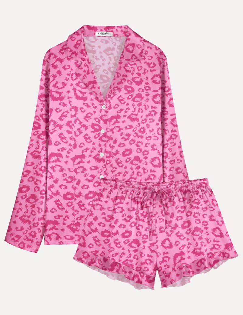 Pink leopard-print satin pajama set with long-sleeve top and ruffle shorts