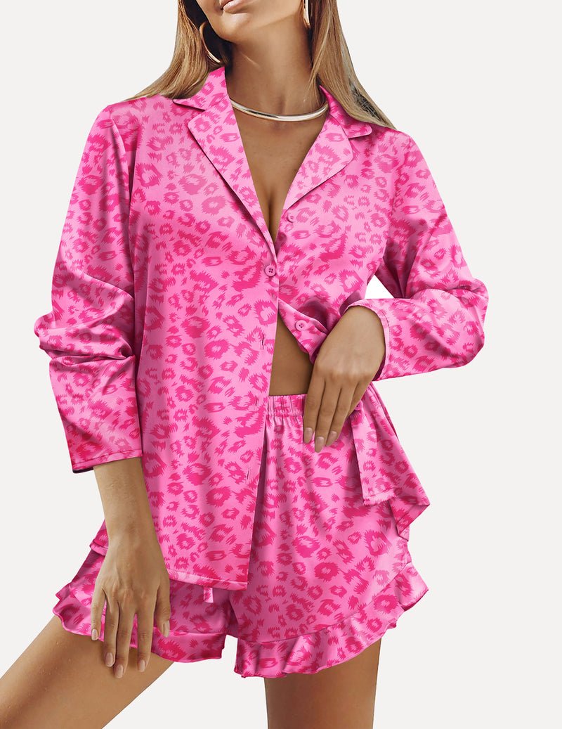 Pink leopard-print satin ruffled long-sleeve pajama set with button-front shirt & shorts