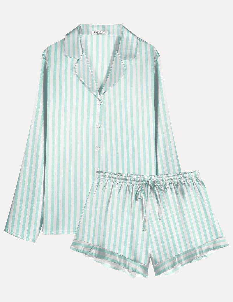 Mint striped satin long-sleeve pajama set with button shirt and ruffled drawstring shorts