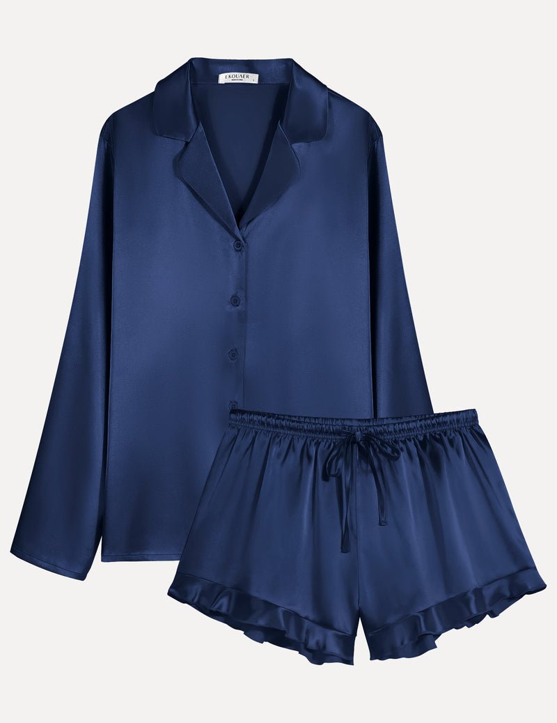 Navy satin ruffled pajama top and shorts set, button-front with elastic waist