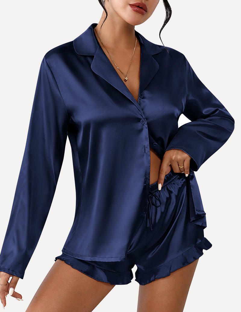 Navy satin pajama set: long-sleeve button shirt and drawstring ruffle shorts