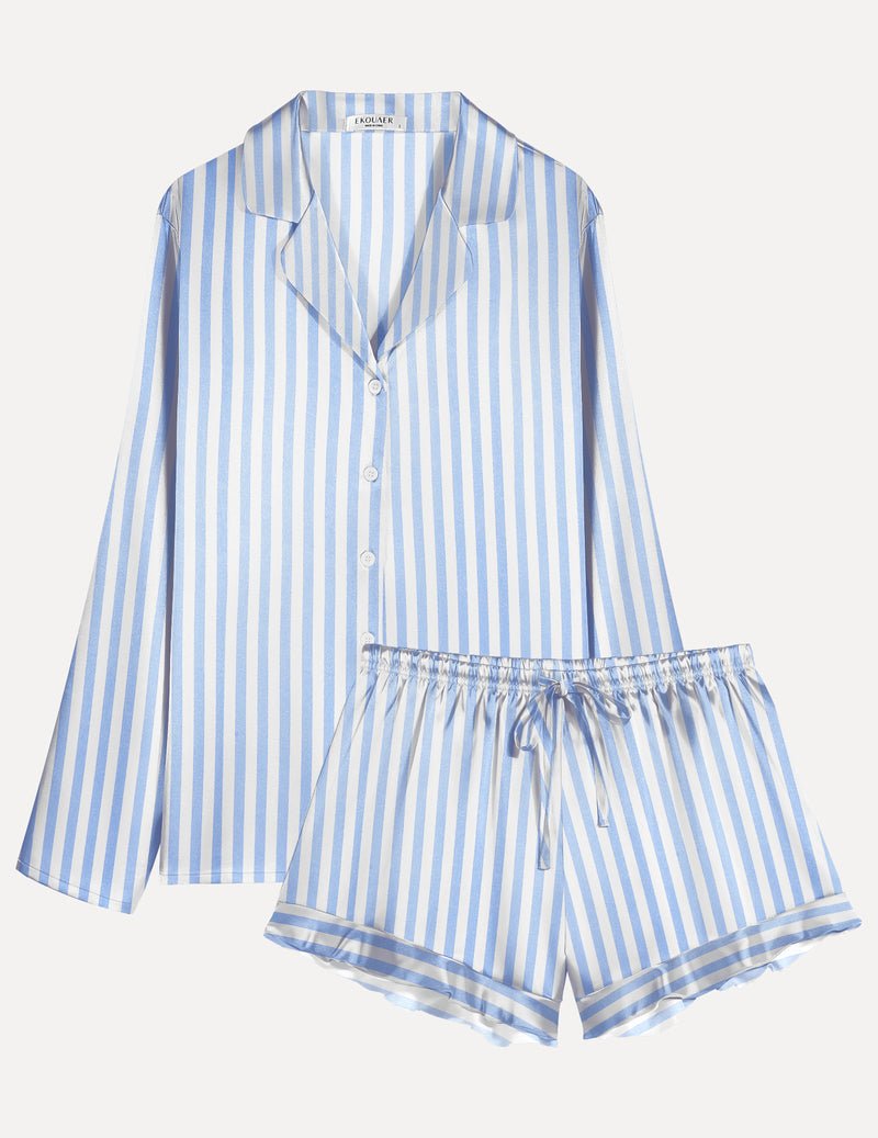 Satin pajama set with button-front long sleeves and ruffled blue-and-white striped shorts, back view.
