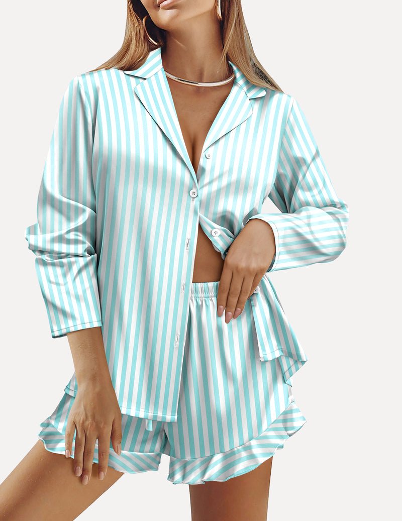 Satin pajama set with button-front long sleeves and ruffled light-blue striped shorts.