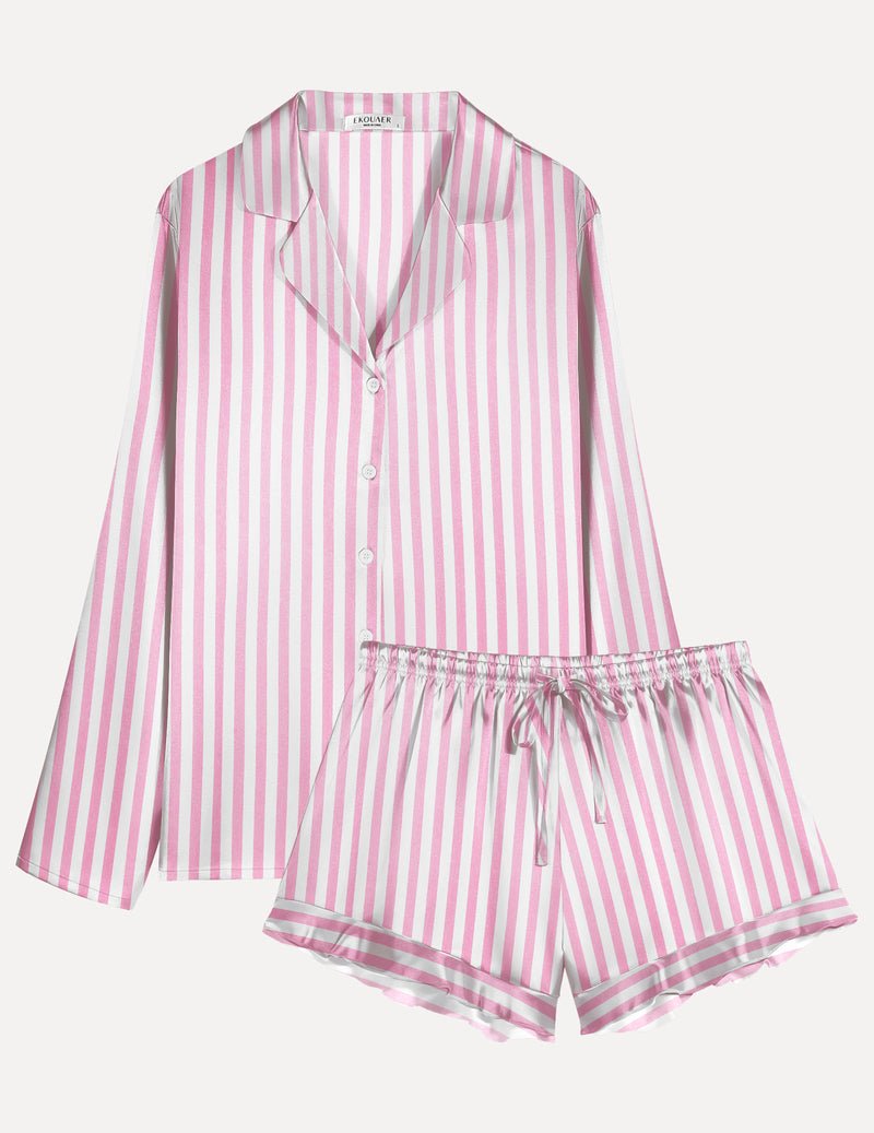Satin pajama set with button-front long sleeves and ruffled pink-and-white striped shorts, back view.