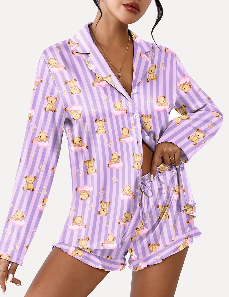 Lavender striped long-sleeve pajama top and shorts with teddy bear print, button front