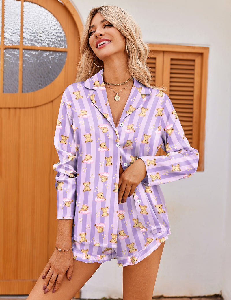 Lavender striped pajama set with teddy bear prints, long sleeves, satin ruffle hem