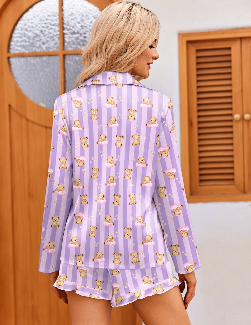 Lavender striped teddy satin pajama set, long sleeves and ruffled hem shorts (back view)