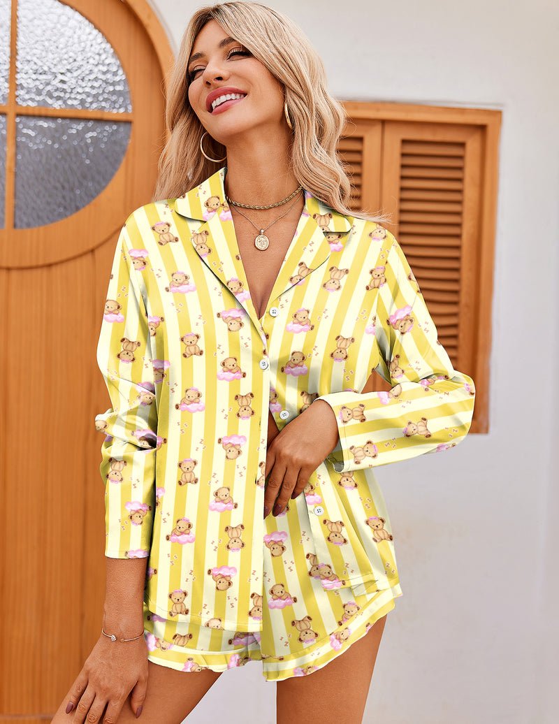 Yellow striped teddy satin pajama set with button front, long sleeves and ruffled shorts
