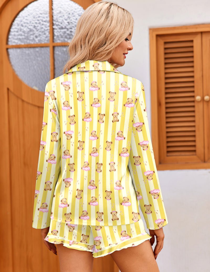 Yellow striped teddy satin pajama set, long sleeves and ruffled shorts (back view)
