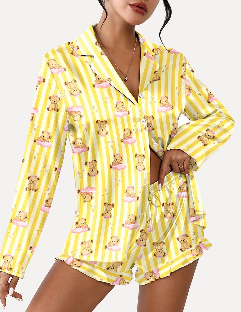 Yellow striped teddy satin pajama set, long sleeves with ruffled hem and matching shorts