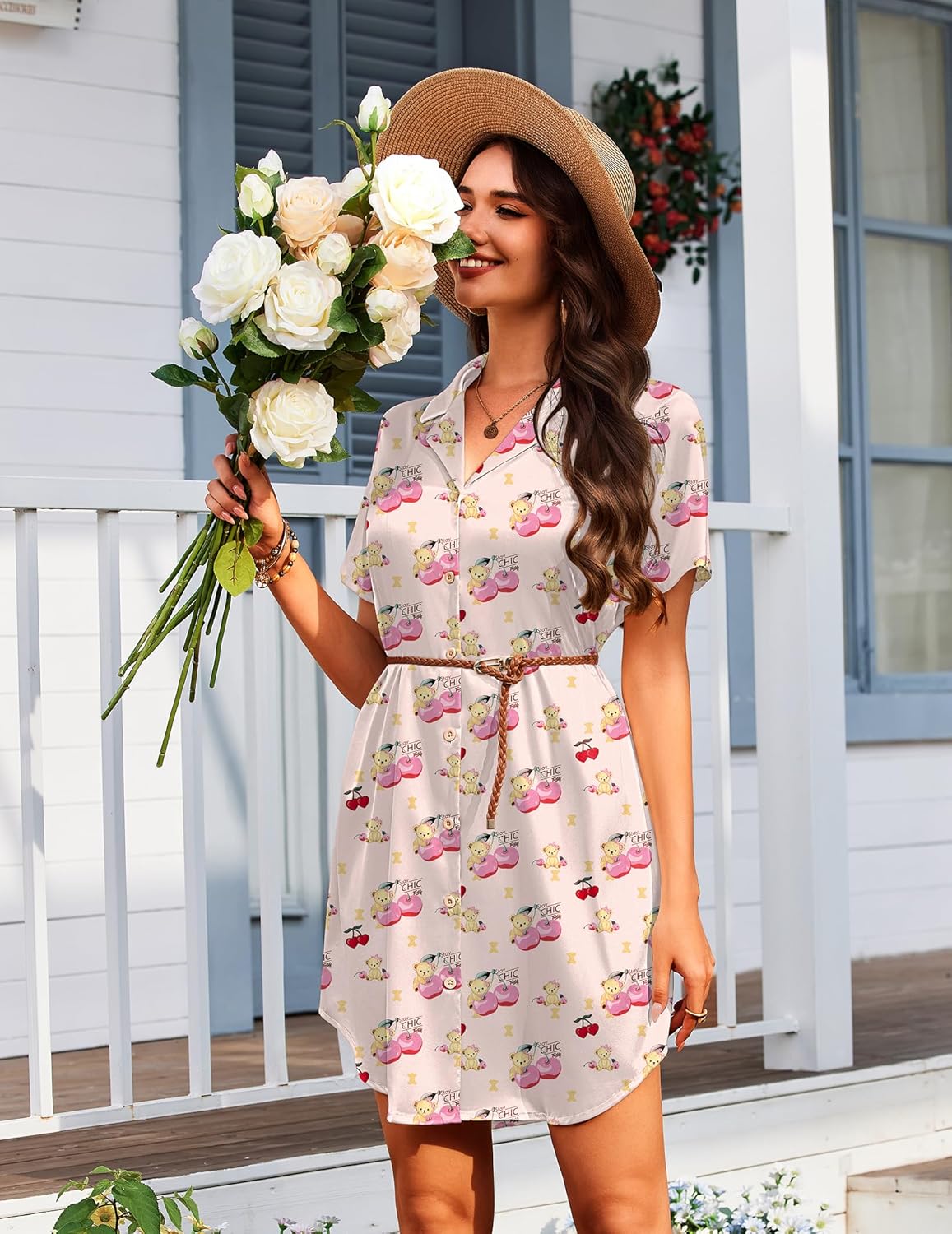 Satin nightgown with teddy graphic print, short sleeves, collar, tie waist detail