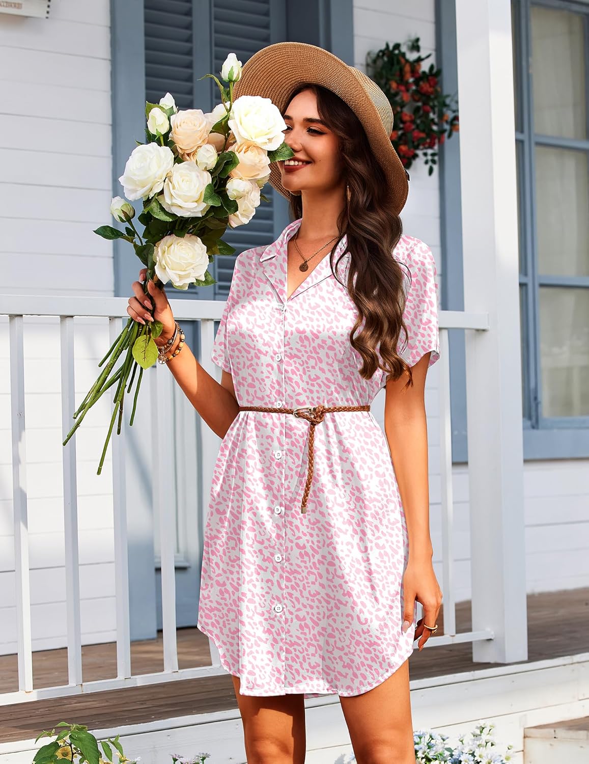 Pink leopard satin nightgown with short sleeves and tie waist detail