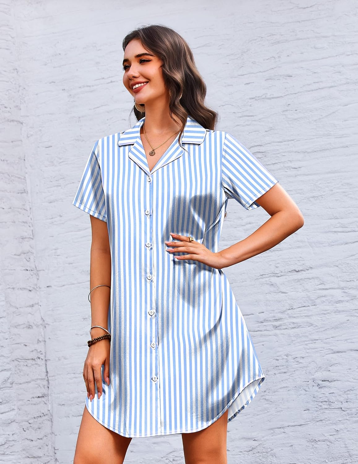 Blue-and-white striped satin nightgown with short sleeves and button front