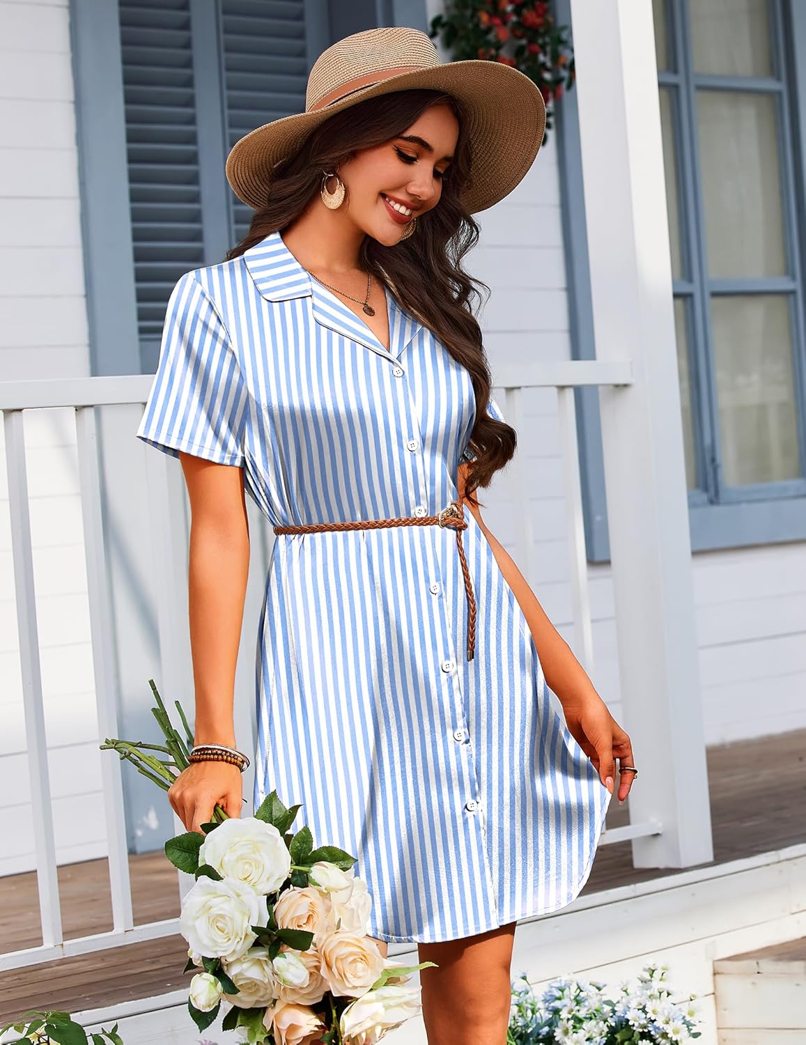 Blue striped satin nightgown with short sleeves and tie-belt waist
