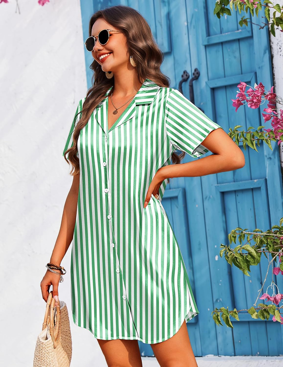 Green striped satin nightgown with button-front V-neck, short sleeves, tie waist