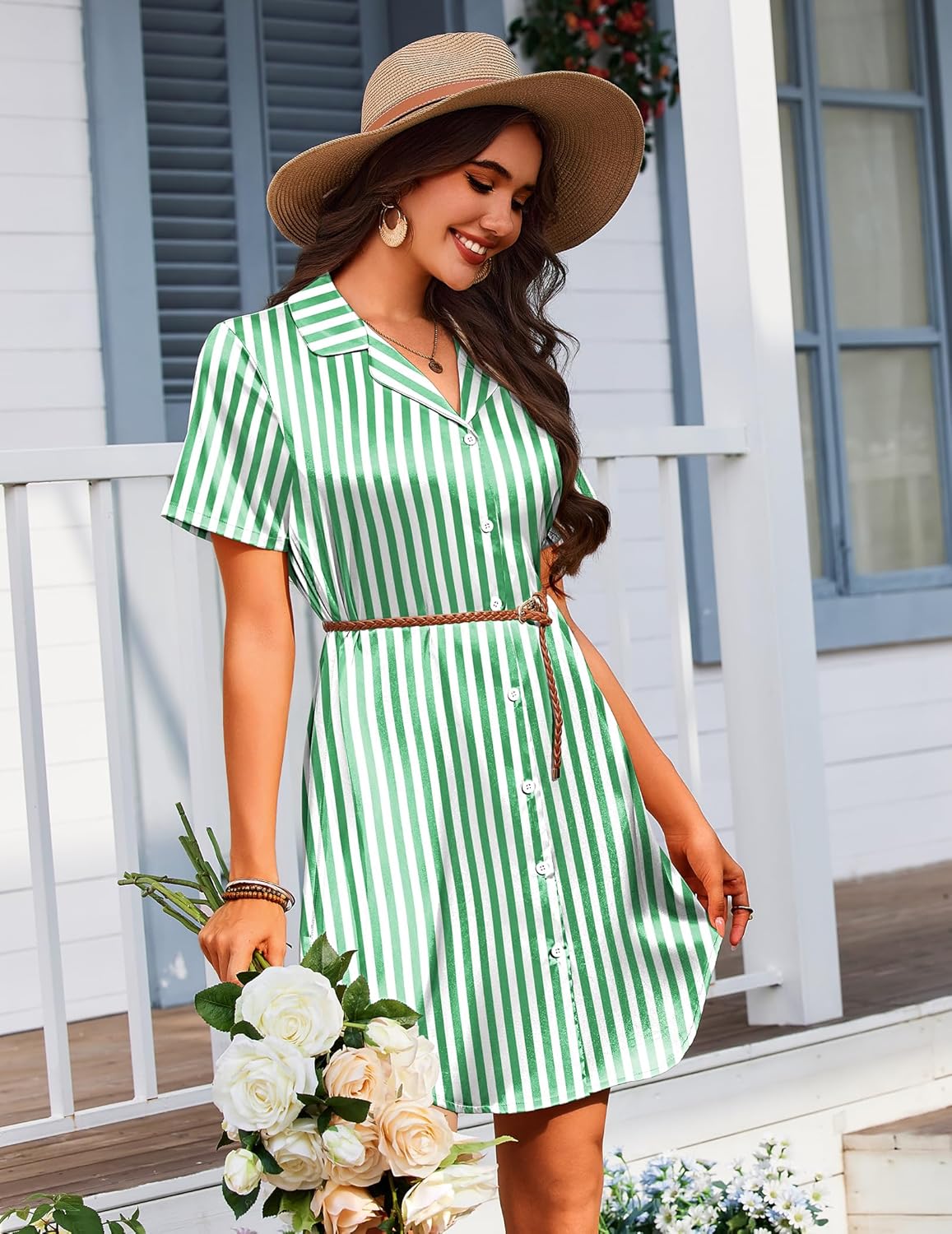 Green-and-white striped satin nightgown, collared button placket, short sleeves