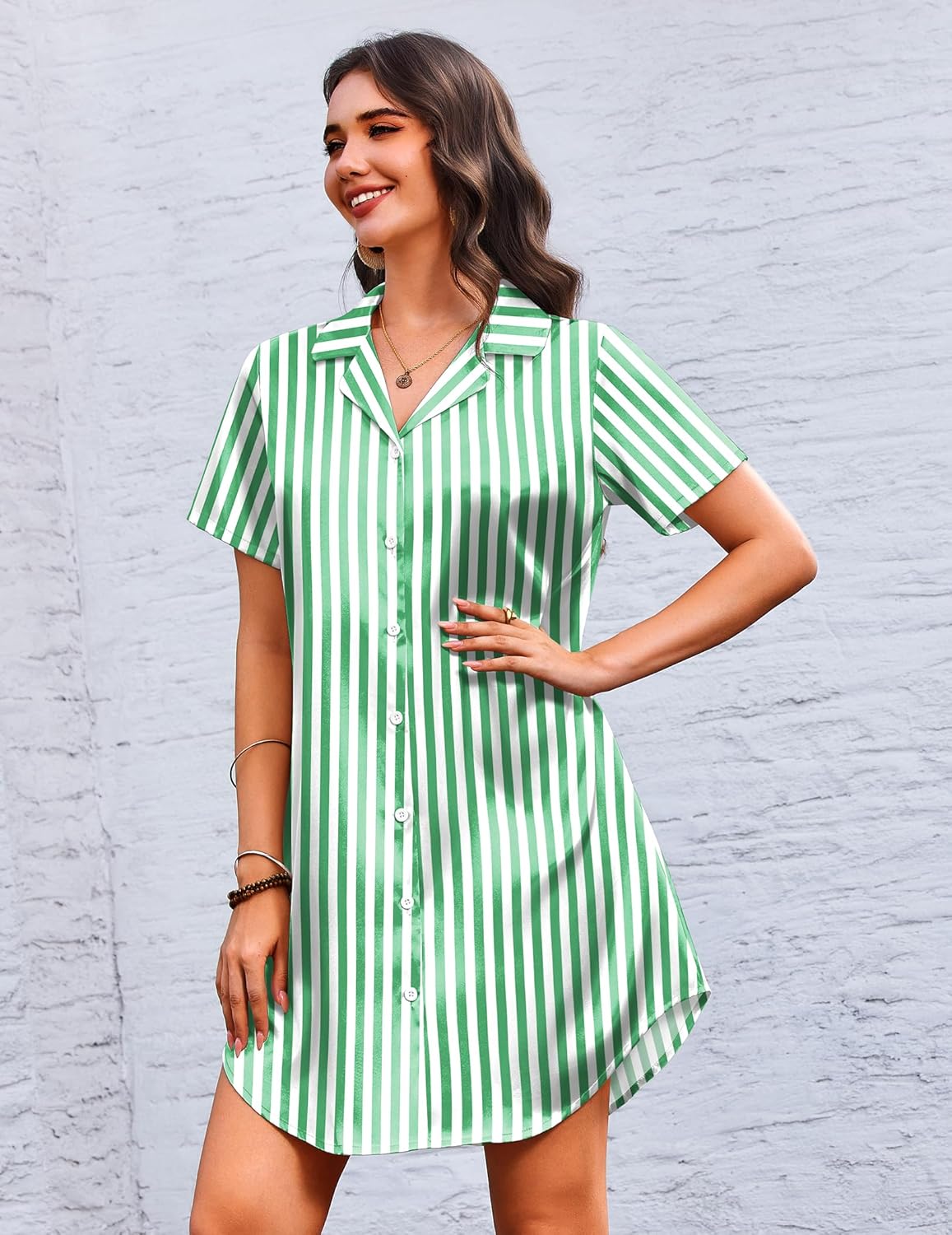 Green striped satin sleepdress, short sleeves, button-front collar, above-knee length