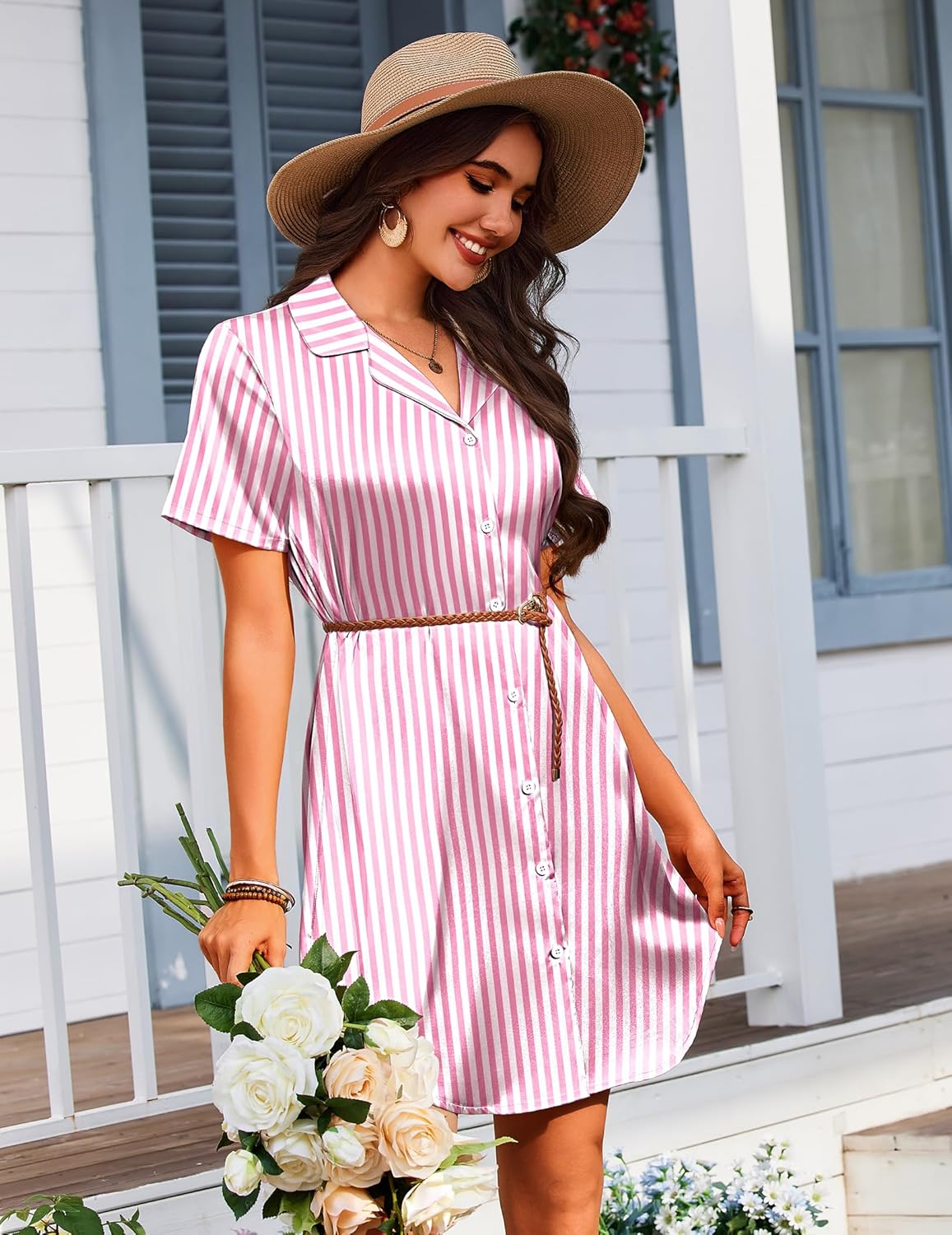Pink-and-white striped satin nightgown with tie belt, short sleeves, button front