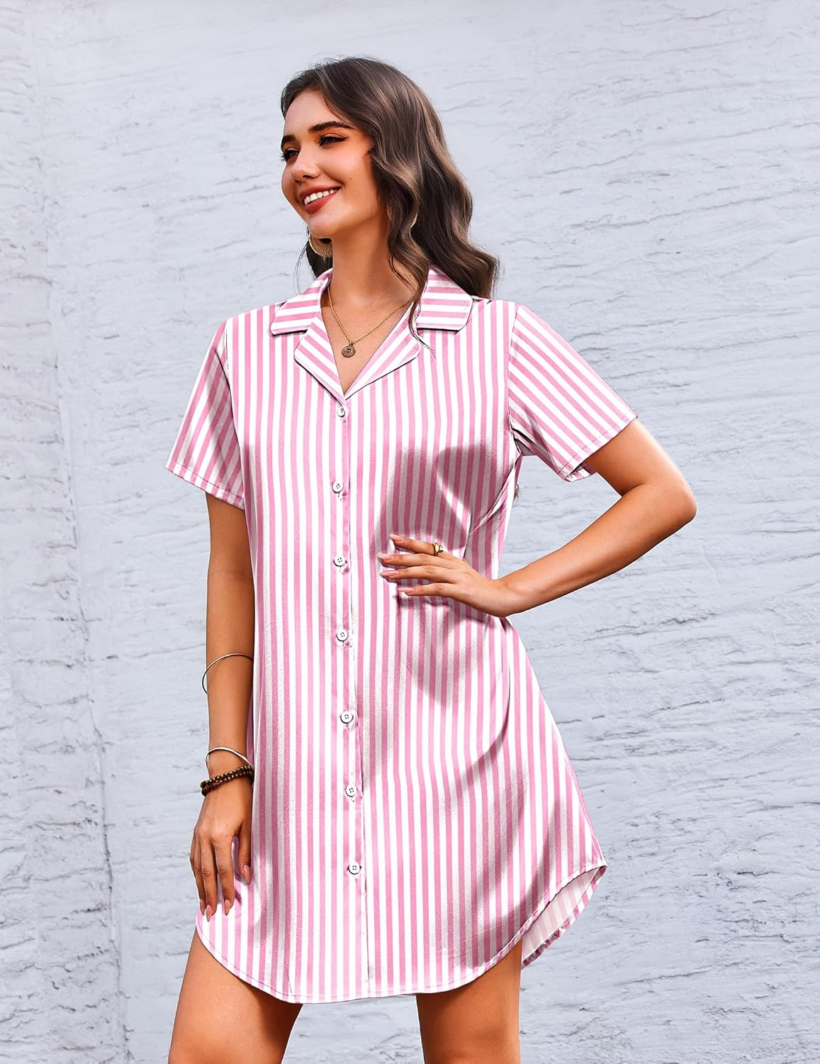 Pink striped satin sleepdress, short sleeves, button-front collar, above-knee length